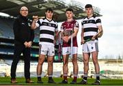 8 March 2023; In attendance at the Masita All-Ireland Post Primary Schools Captains Call at Croke Park in Dublin is Chair of the GAA National Post Primary Schools Committee Liam O’Mahony, Harry Shine of St Kierans College, Tiarnán Leen of Presention College Athenry and Killian Doyle of St Kierans College. The Masita GAA All-Ireland Post Primary Schools Croke Cup and the Masita GAA All-Ireland Post Primary Schools Hogan and Croke Cup will be played in Croke Park on St Patrick’s Day, 17th March 2023. Photo by Eóin Noonan/Sportsfile