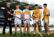 8 March 2023; In attendance at the Masita All-Ireland Post Primary Schools Captains Call at Croke Park in Dublin is, from left, Chair of the GAA National Post Primary Schools Committee Liam O’Mahony, James Mahon and Evan O'Shea of Colaiste Naomh Cormac, Conor O'Sullivan and Evan O'Shea of Hamilton High School. The Masita GAA All-Ireland Post Primary Schools Croke Cup and the Masita GAA All-Ireland Post Primary Schools Hogan and Croke Cup will be played in Croke Park on St Patrick’s Day, 17th March 2023. Photo by Eóin Noonan/Sportsfile