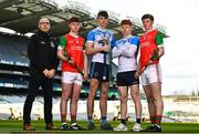 8 March 2023; In attendance at the Masita All-Ireland Post Primary Schools Captains Call at Croke Park in Dublin is from left, Chair of the GAA National Post Primary Schools Committee Liam O’Mahony, Luke Keating and Shane Looney of Mitchelstown CBS and Luke Burns and Niall O'Donnell of St Marys Magherfelt. The Masita GAA All-Ireland Post Primary Schools Croke Cup and the Masita GAA All-Ireland Post Primary Schools Hogan and Croke Cup will be played in Croke Park on St Patrick’s Day, 17th March 2023. Photo by Eóin Noonan/Sportsfile