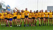 8 March 2023; DCU Dóchas Éireann players celebrate after their side's victory in the 2023 Yoplait Ladies HEC Cup Final match between DCU Dóchas Éireann and Ulster University Magee at University of Galway Connacht GAA Air Dome in Bekan, Mayo. Photo by Piaras Ó Mídheach/Sportsfile