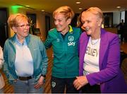 8 March 2023; At Sky Ireland’s International Women’s Day event is Vera Pauw, Republic of Ireland Women’s National Team Manager, with former players Breda Hanlon, left, and Paula Gorham. The event was held to launch the return of the ‘Sky WNT Fund’ – a bursary that provides support to WNT players’ academic studies and careers off the pitch.  As part of the event, a panel – including Vera Pauw, Aine O’Gorman, Saoirse Noonan, Head of Women and Girls Football at the FAI, Eileen Gleeson, and Michelle O’Neill, FIFA Assistant Referee – discussed the growth of women’s football in Ireland over the past year, increase in support for the WNT and their qualification for their first ever World Cup. Photo by Stephen McCarthy/Sportsfile