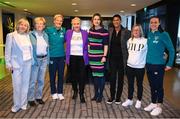 8 March 2023; At Sky Ireland’s International Women’s Day event are Orlaith Ryan, Sky Ireland CCO, fifth from left, with Vera Pauw, Republic of Ireland Women’s National Team Manager, third from left, and Aine O’Gorman, 2022 Sky WNT Fund Recipient & WNT Player, right, with former players, from left, Linda Gorman, Breda Hanlon, Paula Gorham, Jackie McCarthy O'Brien and Oliva O'Toole. The event was held to launch the return of the ‘Sky WNT Fund’ – a bursary that provides support to WNT players’ academic studies and careers off the pitch.  As part of the event, a panel – including Vera Pauw, Aine O’Gorman, Saoirse Noonan, Head of Women and Girls Football at the FAI, Eileen Gleeson, and Michelle O’Neill, FIFA Assistant Referee – discussed the growth of women’s football in Ireland over the past year, increase in support for the WNT and their qualification for their first ever World Cup. Photo by Stephen McCarthy/Sportsfile