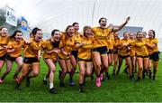 8 March 2023; DCU Dóchas Éireann players, including Leah McArdle, 19, and Zara Phillips, 21, celebrate after their side's victory in the 2023 Yoplait Ladies HEC Cup Final match between DCU Dóchas Éireann and Ulster University Magee at University of Galway Connacht GAA Air Dome in Bekan, Mayo. Photo by Piaras Ó Mídheach/Sportsfile