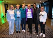 8 March 2023; At Sky Ireland’s International Women’s Day event is Vera Pauw, Republic of Ireland Women’s National Team Manager, with former players, from left, Linda Gorman, Breda Hanlon, Paula Gorham, Jackie McCarthy O'Brien and Oliva O'Toole. The event was held to launch the return of the ‘Sky WNT Fund’ – a bursary that provides support to WNT players’ academic studies and careers off the pitch.  As part of the event, a panel – including Vera Pauw, Aine O’Gorman, Saoirse Noonan, Head of Women and Girls Football at the FAI, Eileen Gleeson, and Michelle O’Neill, FIFA Assistant Referee – discussed the growth of women’s football in Ireland over the past year, increase in support for the WNT and their qualification for their first ever World Cup. Photo by Stephen McCarthy/Sportsfile