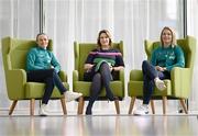 8 March 2023; At Sky Ireland’s International Women’s Day event were Orlaith Ryan, Sky Ireland CCO, with Aine O’Gorman, left, and Saoirse Noonan, both 2022 Sky WNT Fund Recipient & WNT Players. The event was held to launch the return of the ‘Sky WNT Fund’ – a bursary that provides support to WNT players’ academic studies and careers off the pitch.  As part of the event, a panel – including Vera Pauw, Aine O’Gorman, Saoirse Noonan, Head of Women and Girls Football at the FAI, Eileen Gleeson, and Michelle O’Neill, FIFA Assistant Referee – discussed the growth of women’s football in Ireland over the past year, increase in support for the WNT and their qualification for their first ever World Cup. Photo by Stephen McCarthy/Sportsfile