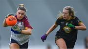 8 March 2023; Laura Scanlon of University of Limerick in action against Niamh Miley of TUS Midwest during the 2023 Yoplait Ladies HEC Donaghy Cup Final match between University of Limerick and TUS Midwest at at University of Galway Connacht GAA Air Dome in Bekan, Mayo. Photo by Piaras Ó Mídheach/Sportsfile