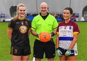 8 March 2023; Referee Shane Curley with team captains Aisling Morrissey of TUS Midwest and Ciara Carr of University of Limerick before the 2023 Yoplait Ladies HEC Donaghy Cup Final match between University of Limerick and TUS Midwest at at University of Galway Connacht GAA Air Dome in Bekan, Mayo. Photo by Piaras Ó Mídheach/Sportsfile