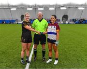 8 March 2023; Referee Shane Curley with team captains Aisling Morrissey of TUS Midwest and Ciara Carr of University of Limerick before the 2023 Yoplait Ladies HEC Donaghy Cup Final match between University of Limerick and TUS Midwest at at University of Galway Connacht GAA Air Dome in Bekan, Mayo. Photo by Piaras Ó Mídheach/Sportsfile