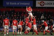 3 March 2023; Jack O'Donoghue of Munster wins possession in the lineout during the United Rugby Championship match between Munster and Scarlets at Musgrave Park in Cork. Photo by Michael P Ryan/Sportsfile