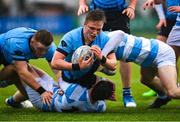 9 March 2023; James White of St Michael’s College is tackled by Mark Walsh, and Eoghan Walsh of Blackrock College, right, during the Bank of Ireland Leinster Schools Senior Cup Semi Final match between St Michael’s College and Blackrock College at Energia Park in Dublin. Photo by David Fitzgerald/Sportsfile