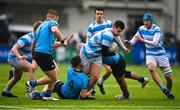 9 March 2023; Alex Mullan of Blackrock College is tackled by David Walsh, left, and Tom Stewart of St Michael’s College during the Bank of Ireland Leinster Schools Senior Cup Semi Final match between St Michael’s College and Blackrock College at Energia Park in Dublin. Photo by David Fitzgerald/Sportsfile