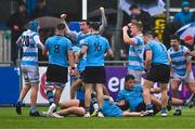 9 March 2023; Mark Walsh of Blackrock College, centre, and team mates celebrate at the final whistle after the Bank of Ireland Leinster Schools Senior Cup Semi Final match between St Michael’s College and Blackrock College at Energia Park in Dublin. Photo by David Fitzgerald/Sportsfile