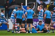 9 March 2023; Mark Walsh of Blackrock College, centre, and team mates celebrate at the final whistle after the Bank of Ireland Leinster Schools Senior Cup Semi Final match between St Michael’s College and Blackrock College at Energia Park in Dublin. Photo by David Fitzgerald/Sportsfile