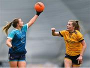10 March 2023; Katie Newe of TU Dublin in action against Aoife Rattigan of DCU Dóchas Éireann during the 2023 Yoplait Ladies HEC O’Connor Cup semi-final match between DCU Dóchas Éireann and TU Dublin at University of Galway Connacht GAA Air Dome in Bekan, Mayo. Photo by Piaras Ó Mídheach/Sportsfile