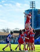 10 March 2023; Dylan McNiece of CUS takes possession in a lineout ahead during the Bank of Ireland Vinnie Murray Cup Final match between CUS and St Andrew's College at Energia Park in Dublin. Photo by Seb Daly/Sportsfile
