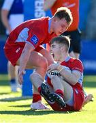 10 March 2023; Niall Cox of CUS, right, celebrates with teammates Lucas Maguire after scoring their side's third try during the Bank of Ireland Vinnie Murray Cup Final match between CUS and St Andrew's College at Energia Park in Dublin. Photo by Seb Daly/Sportsfile