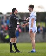 5 March 2023; Referee Barry Tiernan in conversation with Darragh Kirwan of Kildare during the Allianz Football League Division 2 match between Louth and Kildare at Páirc Mhuire in Ardee, Louth. Photo by Ben McShane/Sportsfile