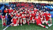 10 March 2023; CUS players celebrates with Vinnie Murray Cup after their side's victory in the the Bank of Ireland Vinnie Murray Cup Final match between CUS and St Andrew's College at Energia Park in Dublin. Photo by Seb Daly/Sportsfile