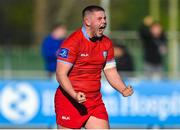 10 March 2023; Aidan Walsh of CUS celebrates his side's fourth try during the Bank of Ireland Vinnie Murray Cup Final match between CUS and St Andrew's College at Energia Park in Dublin. Photo by Seb Daly/Sportsfile