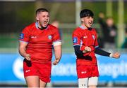 10 March 2023; Aidan Walsh, left, and Charlie O'Byrne of CUS celebrates their side's fourth try during the Bank of Ireland Vinnie Murray Cup Final match between CUS and St Andrew's College at Energia Park in Dublin. Photo by Seb Daly/Sportsfile