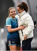 10 March 2023; Katie Newe of TU Dublin, left, is consoled by her Meath intercounty teammate Emma Duggan of DCU Dóchas Éireann after the 2023 Yoplait Ladies HEC O’Connor Cup semi-final match between DCU Dóchas Éireann and TU Dublin at University of Galway Connacht GAA Air Dome in Bekan, Mayo. Photo by Piaras Ó Mídheach/Sportsfile