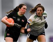 10 March 2023; Niamh Reel of Queen’s University Belfast in action against Dara Kinry of University of Limerick during the 2023 Yoplait Ladies HEC O’Connor Cup semi-final match between Queen’s University Belfast and University of Limerick at University of Galway Connacht GAA Air Dome in Bekan, Mayo. Photo by Piaras Ó Mídheach/Sportsfile