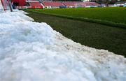 10 March 2023; Snow is seen at the side of the pitch before the SSE Airtricity Men's Premier Division match between St Patrick's Athletic and Bohemians at Richmond Park in Dublin. Photo by Stephen McCarthy/Sportsfile