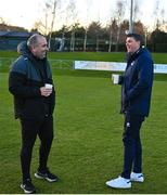 10 March 2023; UCD manager Andy Myler, left, and Drogheda United manager Kevin Doherty chat before the SSE Airtricity Men's Premier Division match between UCD and Drogheda United at UCD Bowl in Dublin. Photo by Stephen Marken/Sportsfile