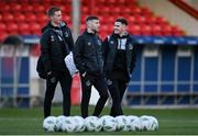 10 March 2023; Shamrock Rovers players, from left, Daniel Cleary, Jack Byrne and Trevor Clarke arrive before the SSE Airtricity Men's Premier Division match between Shelbourne and Shamrock Rovers at Tolka Park in Dublin. Photo by Seb Daly/Sportsfile