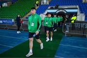 10 March 2023; Ruadhán Quinn of Ireland and his teammates walk the pitch before the U20 Six Nations Rugby Championship match between Scotland and Ireland at Scotstoun Stadium in Glasgow, Scotland. Photo by Brendan Moran/Sportsfile