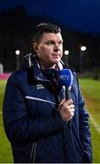 10 March 2023; Drogheda United manager Kevin Doherty speaks to LOI TV before the SSE Airtricity Men's Premier Division match between UCD and Drogheda United at UCD Bowl in Dublin. Photo by Stephen Marken/Sportsfile