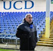 10 March 2023; UCD manager Andy Myler speaks to LOI TV before the SSE Airtricity Men's Premier Division match between UCD and Drogheda United at UCD Bowl in Dublin. Photo by Stephen Marken/Sportsfile