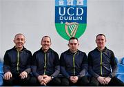 10 March 2023; Match officials, from left, second assistant referee Eoin Harte, first assistant referee Dermot Broughton, referee Kevin O'Sullivan and fourth official Damien MacGraith before the SSE Airtricity Men's Premier Division match between UCD and Drogheda United at UCD Bowl in Dublin. Photo by Stephen Marken/Sportsfile