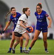 10 March 2023; Gemma Grimes of DKIT in action against ATU Sligo players Ellen O'Donoghue, 18, and Ellis Keane during the 2023 Yoplait Ladies HEC Moynihan Cup Final match between ATU Sligo and DKIT at University of Galway Connacht GAA Air Dome in Bekan, Mayo. Photo by Piaras Ó Mídheach/Sportsfile