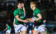 10 March 2023; Andrew Osborne of Ireland, right, celebrates with teammate Gus McCarthy after scoring their side's first try during the U20 Six Nations Rugby Championship match between Scotland and Ireland at Scotstoun Stadium in Glasgow, Scotland. Photo by Brendan Moran/Sportsfile