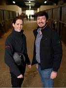 27 February 2023; Rachael Blackmore, and Locker Chief Executive Officer Ross O'Dwyer, at the announcement of Rachael Blackmore as an official Locker ambassador at Racing Academy and Centre of Education in Curragh, Kildare. Photo by Ramsey Cardy/Sportsfile