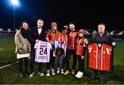 10 March 2023; Maria O’Connor, Dundalk FC chairman Sean O’Connor, Holly McConnellogue, Natasha McCloskey Rooney, Paul McCloskey, Robyn McCloskey and Derry City chairman Philip O’Doherty are presented with a jersey before the SSE Airtricity Men's Premier Division match between Derry City and Dundalk at The Ryan McBride Brandywell Stadium in Derry. Photo by Ben McShane/Sportsfile Photo by Ben McShane/Sportsfile