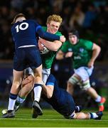 10 March 2023; Hugh Gavin of Ireland is tackled by Luke Townsend of Scotland during the U20 Six Nations Rugby Championship match between Scotland and Ireland at Scotstoun Stadium in Glasgow, Scotland. Photo by Brendan Moran/Sportsfile