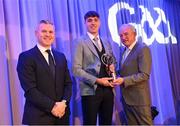 10 March 2023; Darragh Corcoran of Shamrocks Ballyhale is presented with his AIB GAA Hurling Club Team of The Year award by GAA Vice President John Murphy, right, and AIB CMO Mark Doyle, at the AIB Club Players Awards at Croke Park in Dublin. Photo by Ramsey Cardy/Sportsfile