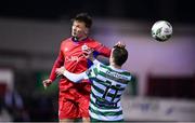 10 March 2023; John Ross Wilson of Shelbourne in action against Sean Kavanagh of Shamrock Rovers during the SSE Airtricity Men's Premier Division match between Shelbourne and Shamrock Rovers at Tolka Park in Dublin. Photo by Seb Daly/Sportsfile
