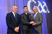 10 March 2023; Danny Tallon of Watty Graham’s Glen is presented with his AIB GAA Football Club Team of The Year award by GAA Vice President John Murphy, right, and AIB CMO Mark Doyle, at the AIB Club Players Awards at Croke Park in Dublin. Photo by Ramsey Cardy/Sportsfile