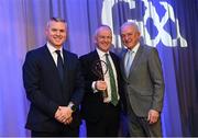 10 March 2023; Kilmacud Crokes football chairman Pat Horgan, collects the AIB GAA Football Club Team of The Year award on behalf of Rory O’Carroll of Kilmacud Crokes from GAA Vice President John Murphy, right, and AIB CMO Mark Doyle, at the AIB Club Players Awards at Croke Park in Dublin. Photo by Ramsey Cardy/Sportsfile