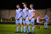 10 March 2023; Cobh Ramblers players, from left, Dale Holland, Pierce Philips, and Jason Abbott form a wall for a Treaty United free kick during the SSE Airtricity Men's First Division match between Treaty United and Cobh Ramblers at Markets Field in Limerick. Photo by Michael P Ryan/Sportsfile