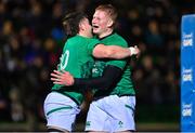10 March 2023; Paddy McCarthy of Ireland, right, celebrates with teammate Liam Molony after their side's eight try which was ultimately disallowed during the U20 Six Nations Rugby Championship match between Scotland and Ireland at Scotstoun Stadium in Glasgow, Scotland. Photo by Brendan Moran/Sportsfile