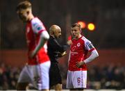 10 March 2023; Jamie Lennon of St Patrick's Athletic is shown a red card by referee Neil Doyle during the SSE Airtricity Men's Premier Division match between St Patrick's Athletic and Bohemians at Richmond Park in Dublin. Photo by Stephen McCarthy/Sportsfile