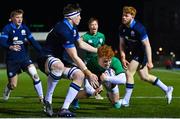 10 March 2023; Rory Telfer of Ireland scores his side's 11th try during the U20 Six Nations Rugby Championship match between Scotland and Ireland at Scotstoun Stadium in Glasgow, Scotland. Photo by Brendan Moran/Sportsfile