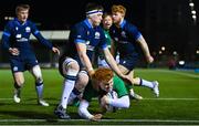10 March 2023; Rory Telfer of Ireland scores his side's 11th try during the U20 Six Nations Rugby Championship match between Scotland and Ireland at Scotstoun Stadium in Glasgow, Scotland. Photo by Brendan Moran/Sportsfile