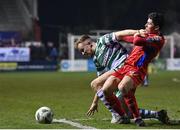 10 March 2023; Sean Hoare of Shamrock Rovers in action against Kian Leavy of Shelbourne during the SSE Airtricity Men's Premier Division match between Shelbourne and Shamrock Rovers at Tolka Park in Dublin. Photo by Seb Daly/Sportsfile