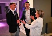 10 March 2023; Kilmacud Crokes chairperson Joan Keogh with Ballygunner hurler Pauric Mahony, left, and Kerins O’Rahilly’s footballer David Moran at the AIB Club Players Awards at Croke Park in Dublin. Photo by David Fitzgerald/Sportsfile