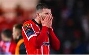 10 March 2023; Ryan Graydon of Derry City reacts after the SSE Airtricity Men's Premier Division match between Derry City and Dundalk at The Ryan McBride Brandywell Stadium in Derry. Photo by Ben McShane/Sportsfile